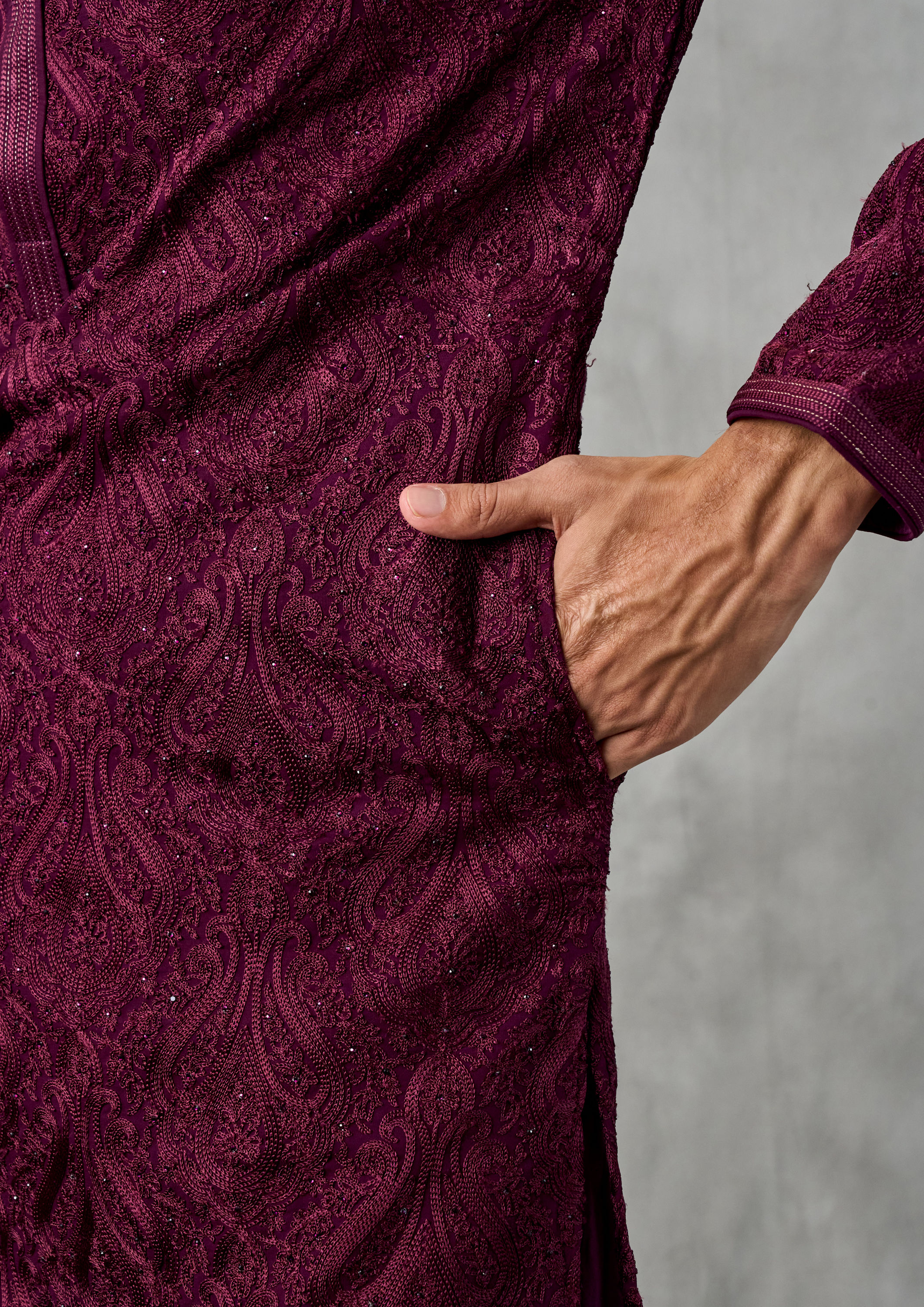 Twamev Men Lustrous Wine Kurta Churidar Ensemble