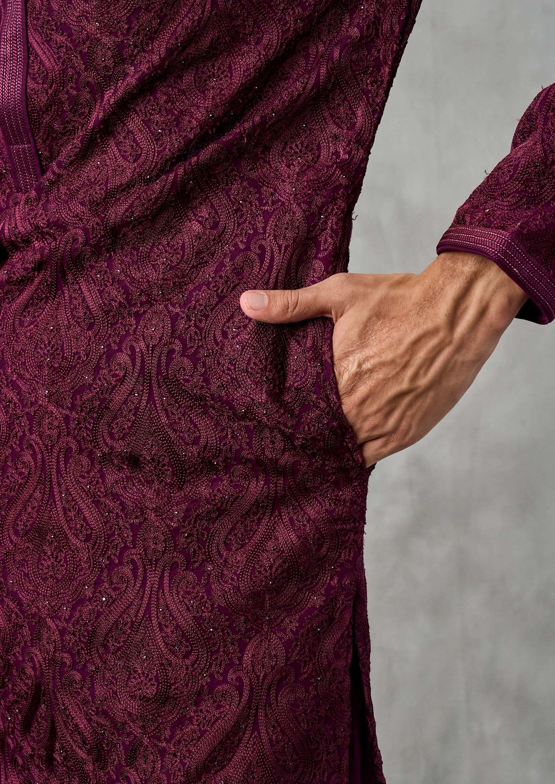 Twamev Men Lustrous Wine Kurta Churidar Ensemble