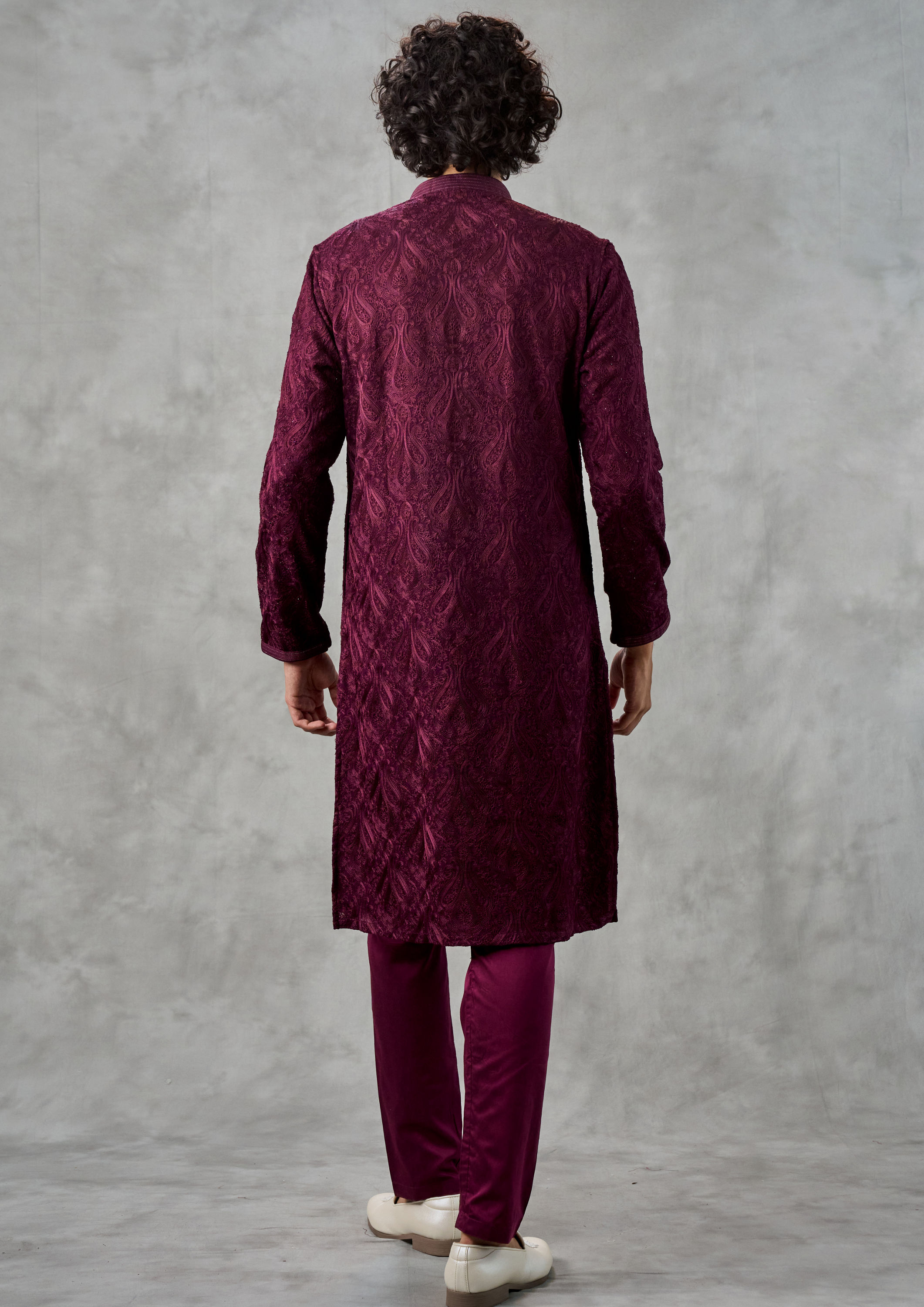 Twamev Men Lustrous Wine Kurta Churidar Ensemble