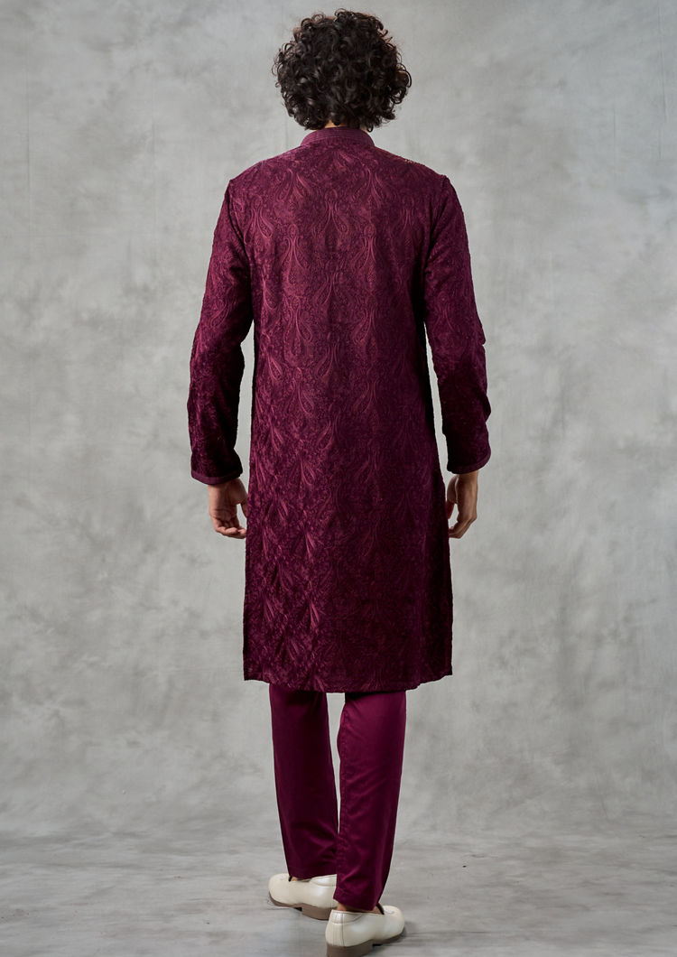 Twamev Men Lustrous Wine Kurta Churidar Ensemble