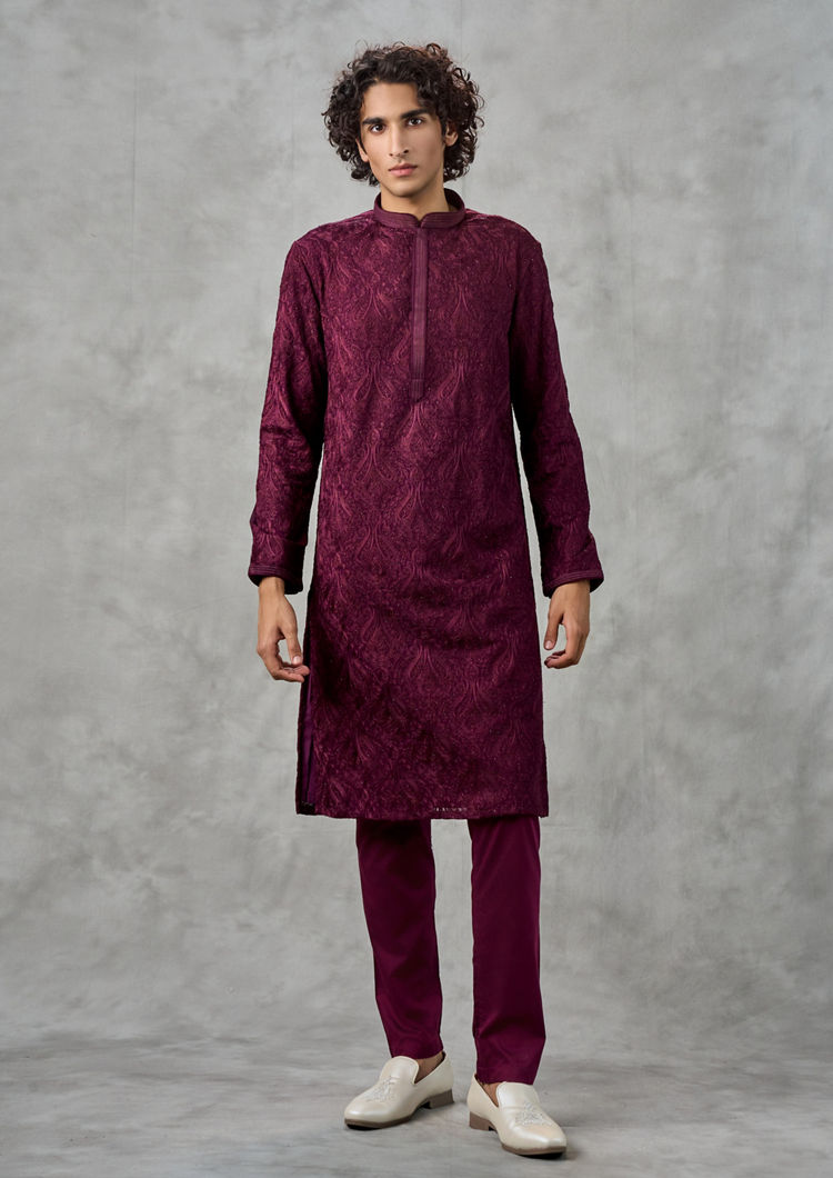 Twamev Men Lustrous Wine Kurta Churidar Ensemble