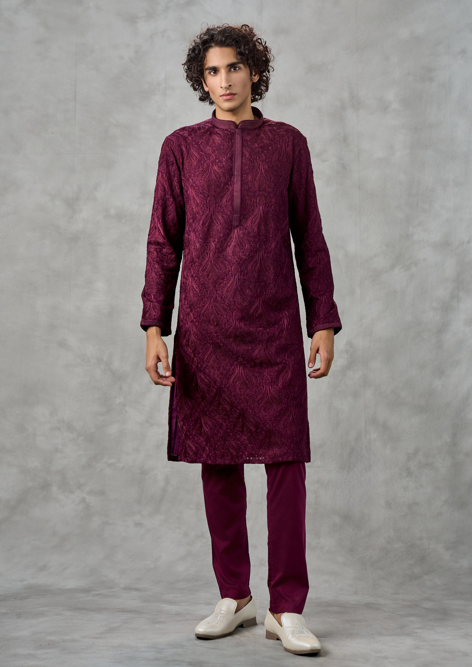 Twamev Men Lustrous Wine Kurta Churidar Ensemble