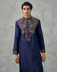 Twamev Men Dark Blue Raw Silk Resham Embroidered Kurta Pant Set