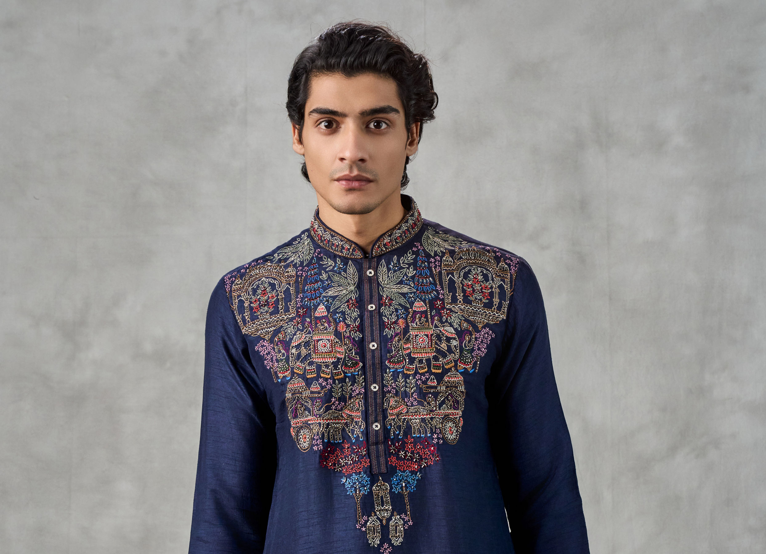 Twamev Men Dark Blue Raw Silk Resham Embroidered Kurta Pant Set