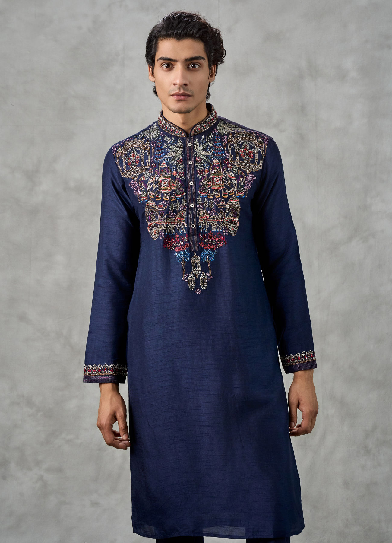 Twamev Men Dark Blue Raw Silk Resham Embroidered Kurta Pant Set