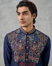 Twamev Men Dark Blue Raw Silk Resham Embroidered Kurta Pant Set