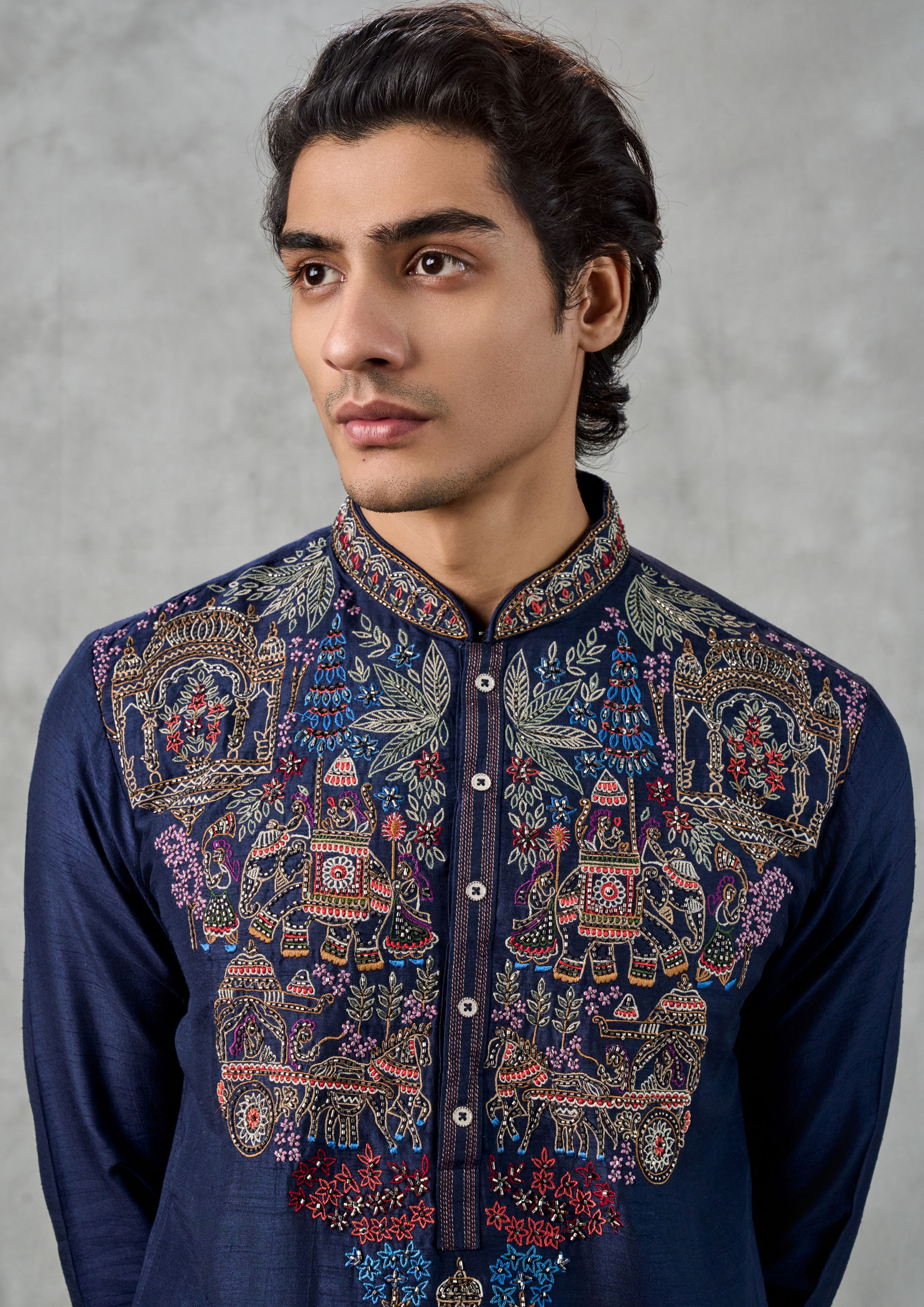 Twamev Men Dark Blue Artistry Kurta Churidar