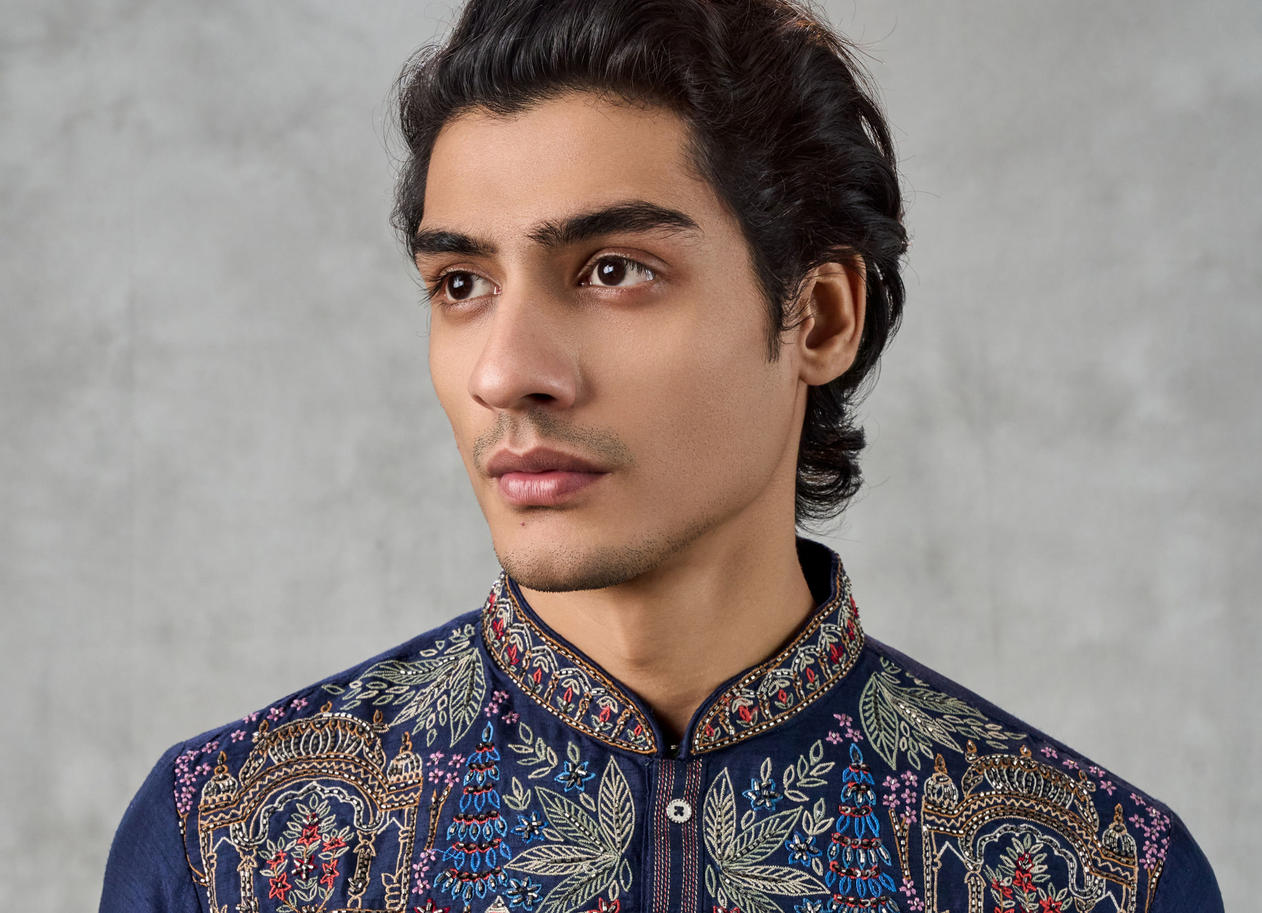 Twamev Men Dark Blue Raw Silk Resham Embroidered Kurta Pant Set