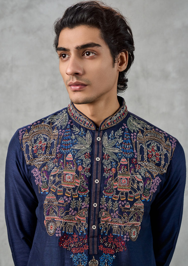 Twamev Men Dark Blue Artistry Kurta Churidar