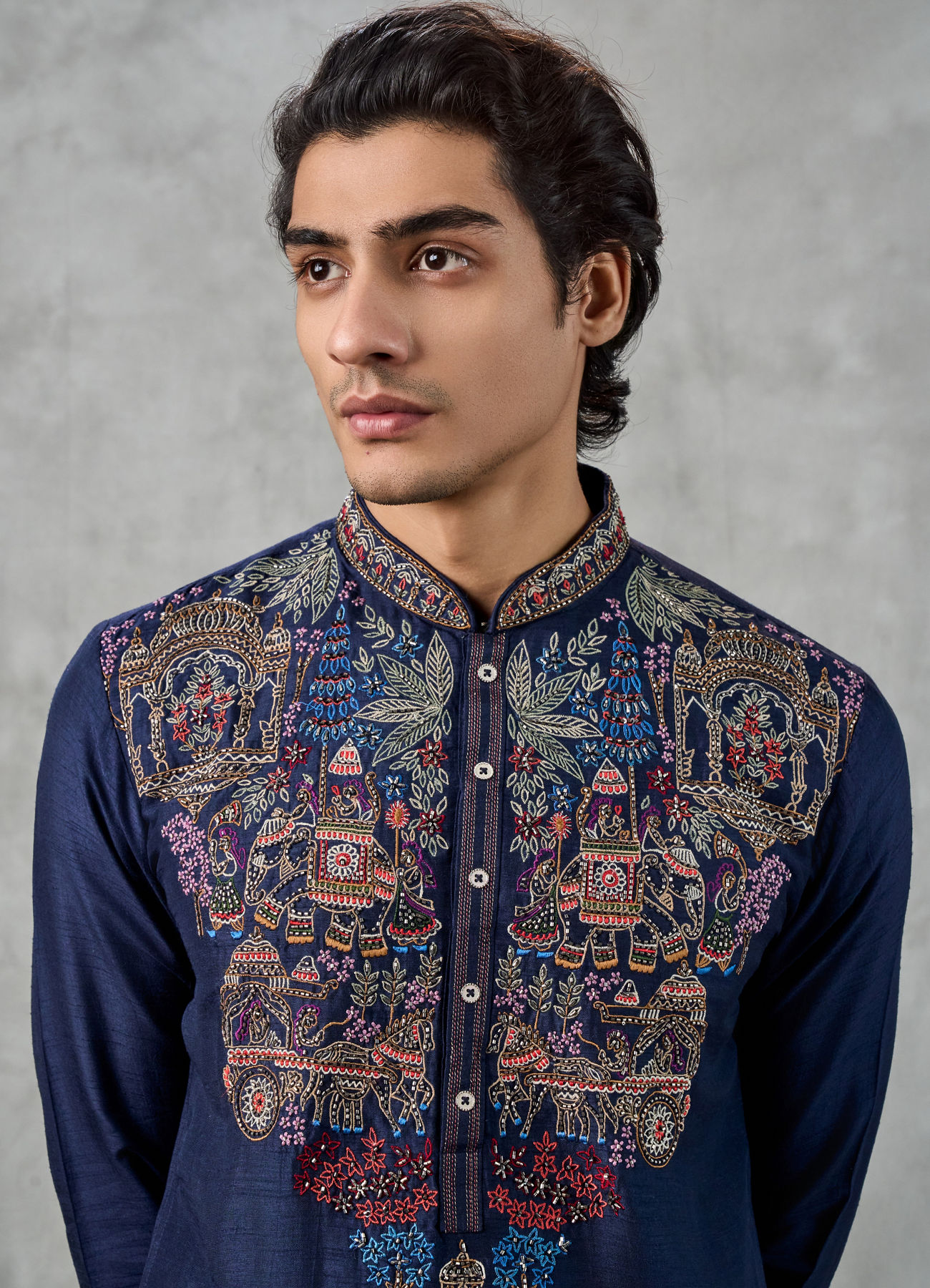 Twamev Men Dark Blue Raw Silk Resham Embroidered Kurta Pant Set