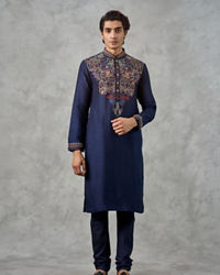 Twamev Men Dark Blue Raw Silk Resham Embroidered Kurta Pant Set