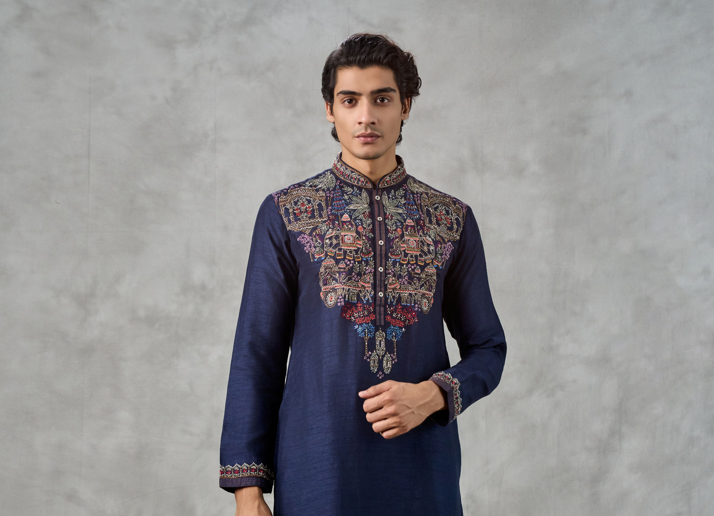 Twamev Men Dark Blue Raw Silk Resham Embroidered Kurta Pant Set
