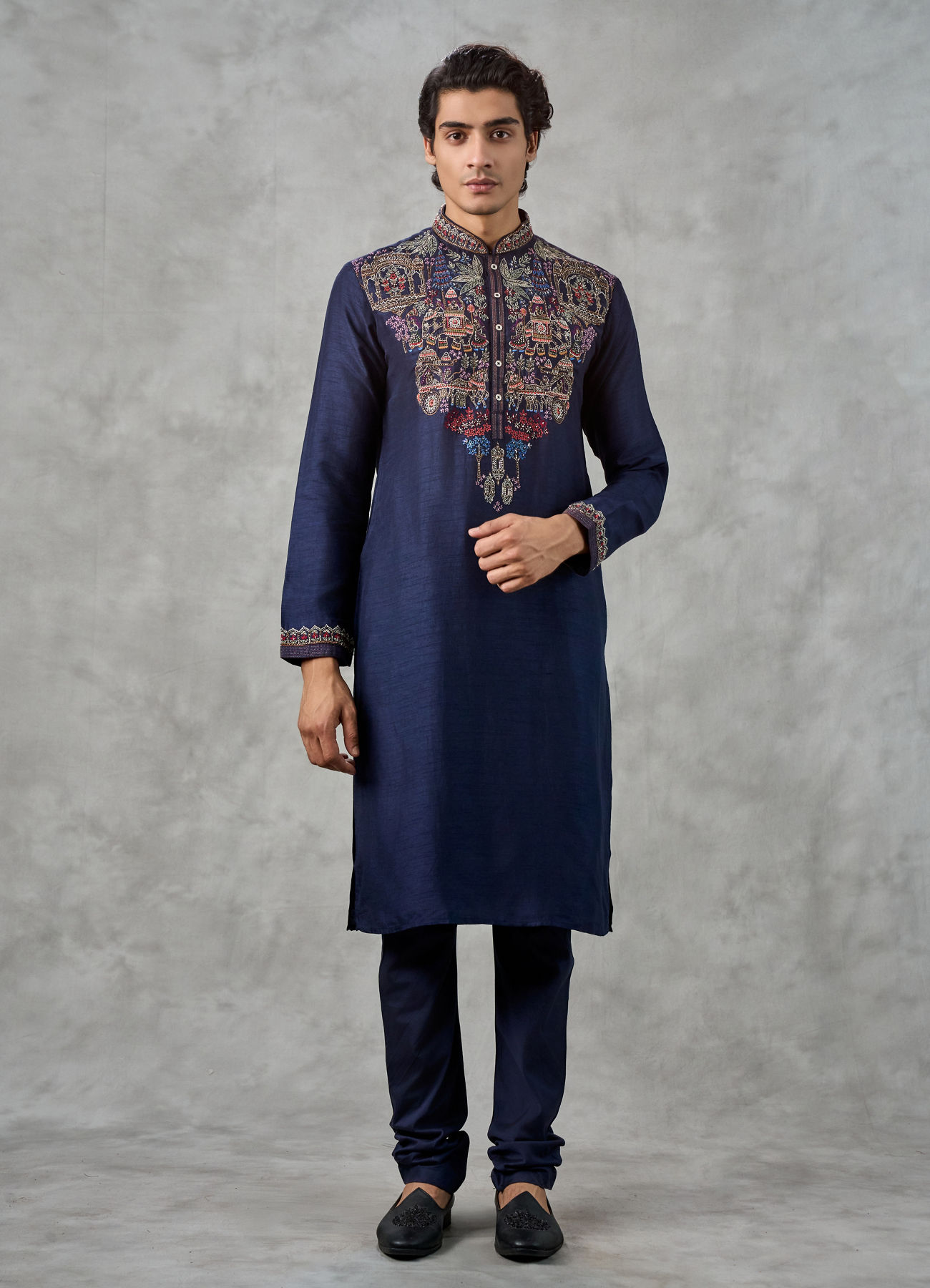 Twamev Men Dark Blue Raw Silk Resham Embroidered Kurta Pant Set