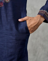 Twamev Men Dark Blue Raw Silk Resham Embroidered Kurta Pant Set