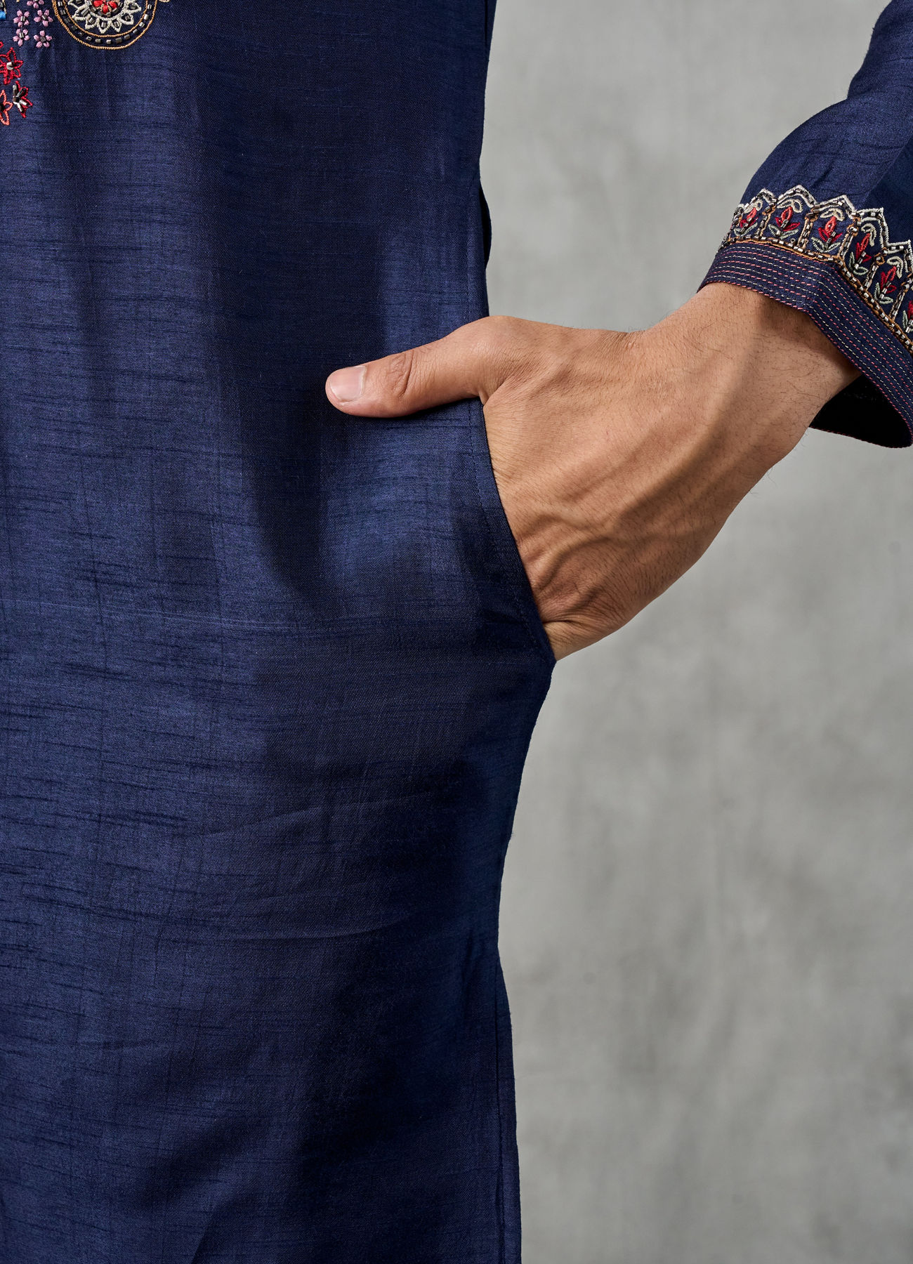 Twamev Men Dark Blue Raw Silk Resham Embroidered Kurta Pant Set