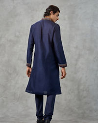Twamev Men Dark Blue Raw Silk Resham Embroidered Kurta Pant Set