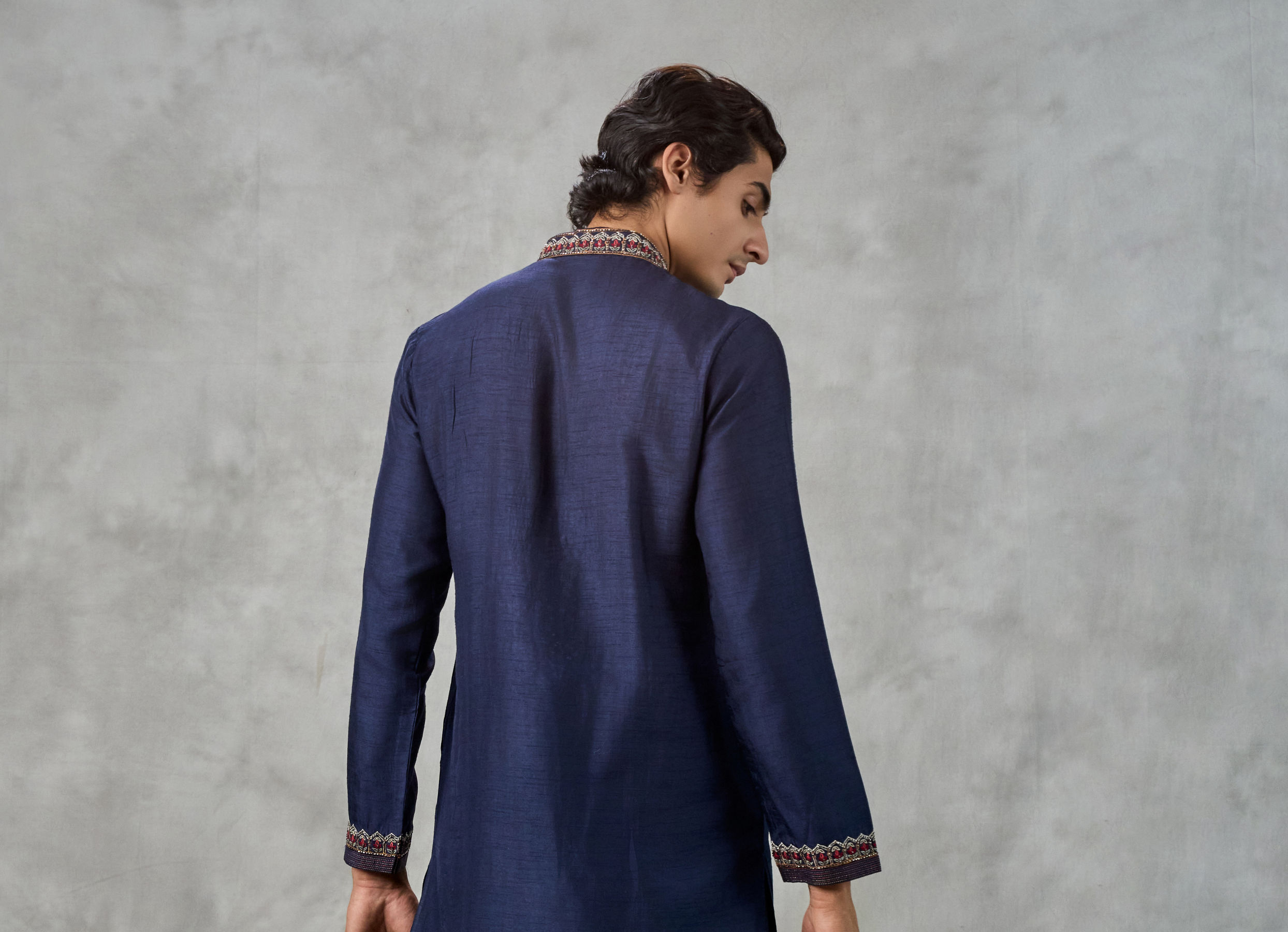 Twamev Men Dark Blue Raw Silk Resham Embroidered Kurta Pant Set