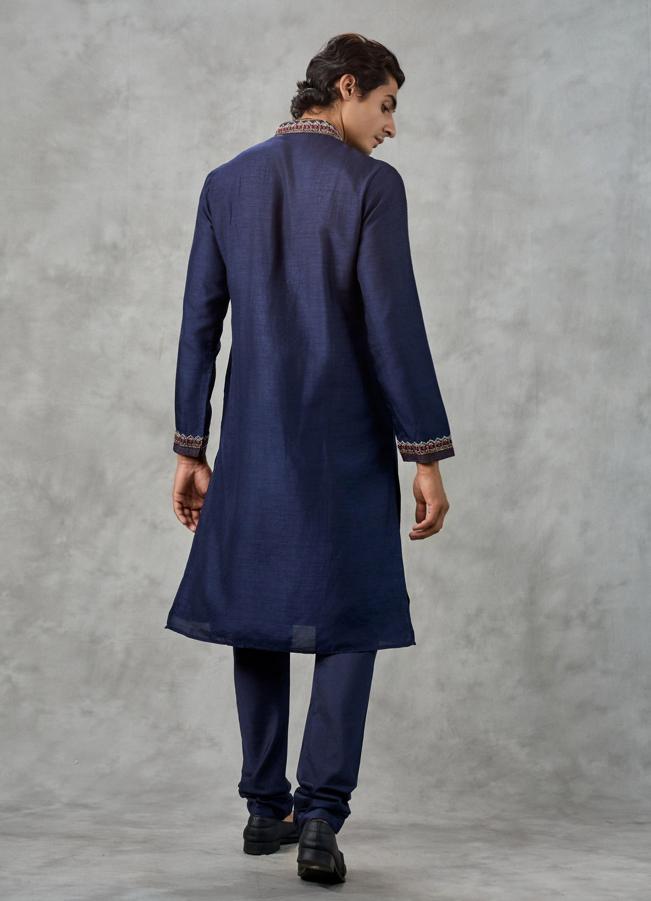 Twamev Men Dark Blue Raw Silk Resham Embroidered Kurta Pant Set