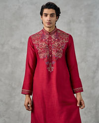 Twamev Men Red Dupion Silk Resham Embroidered Kurta Set