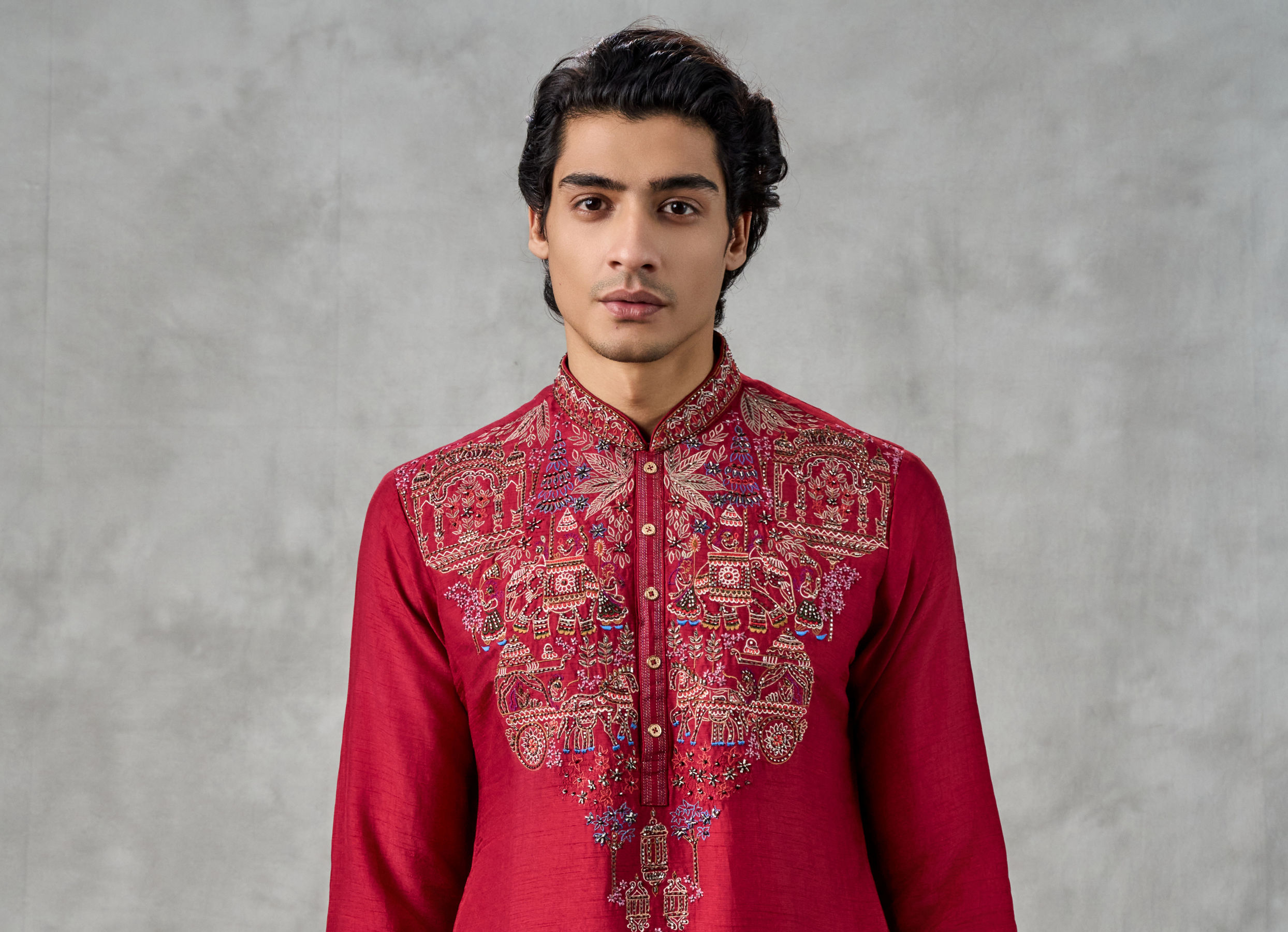 Twamev Men Red Dupion Silk Resham Embroidered Kurta Set