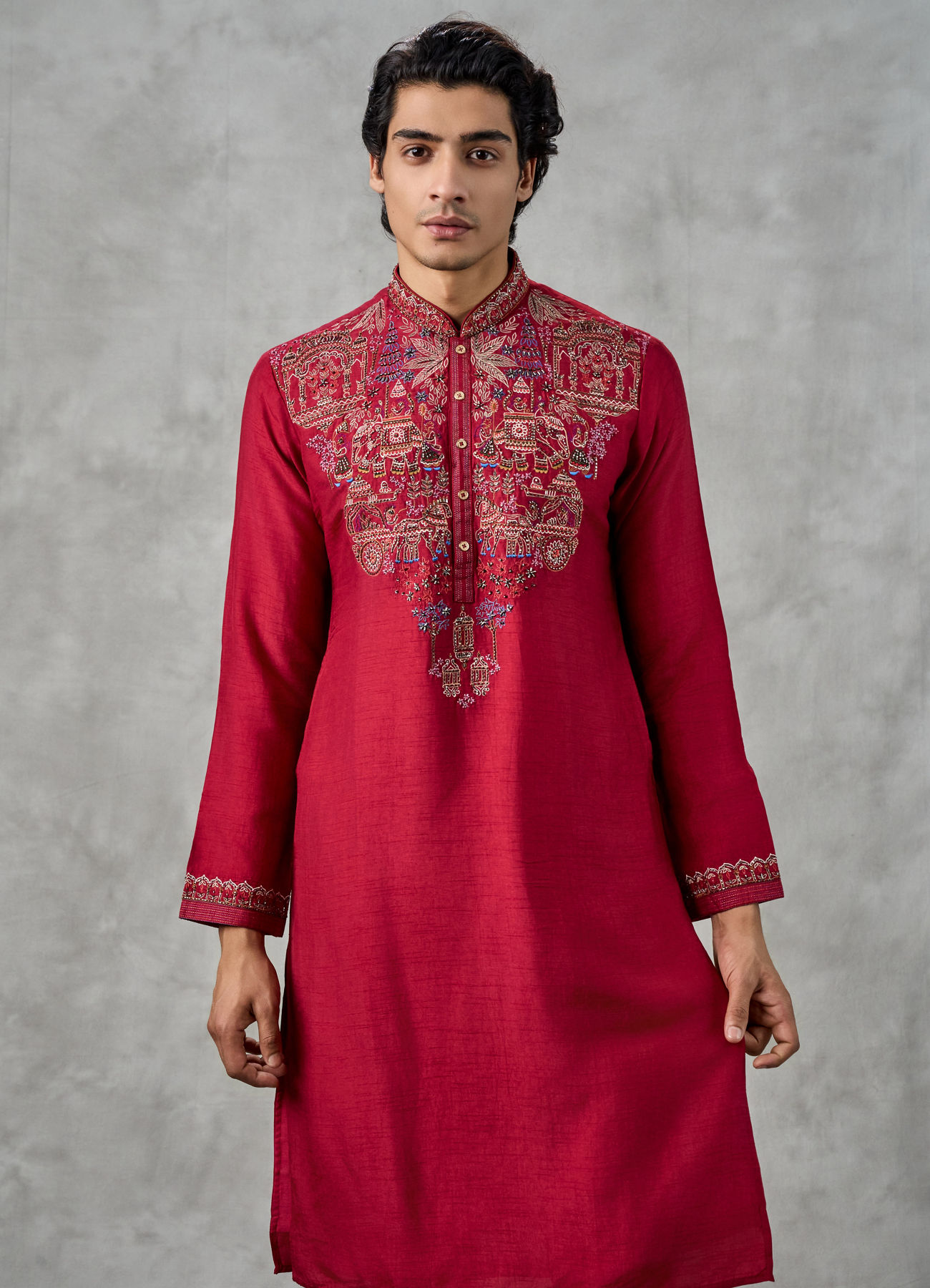 Twamev Men Red Dupion Silk Resham Embroidered Kurta Set