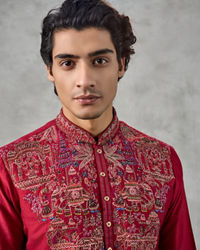 Twamev Men Red Dupion Silk Resham Embroidered Kurta Set