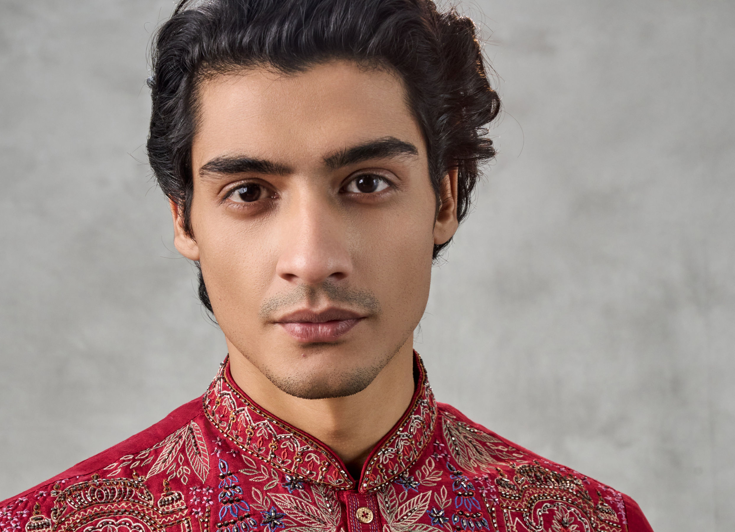 Twamev Men Red Dupion Silk Resham Embroidered Kurta Set