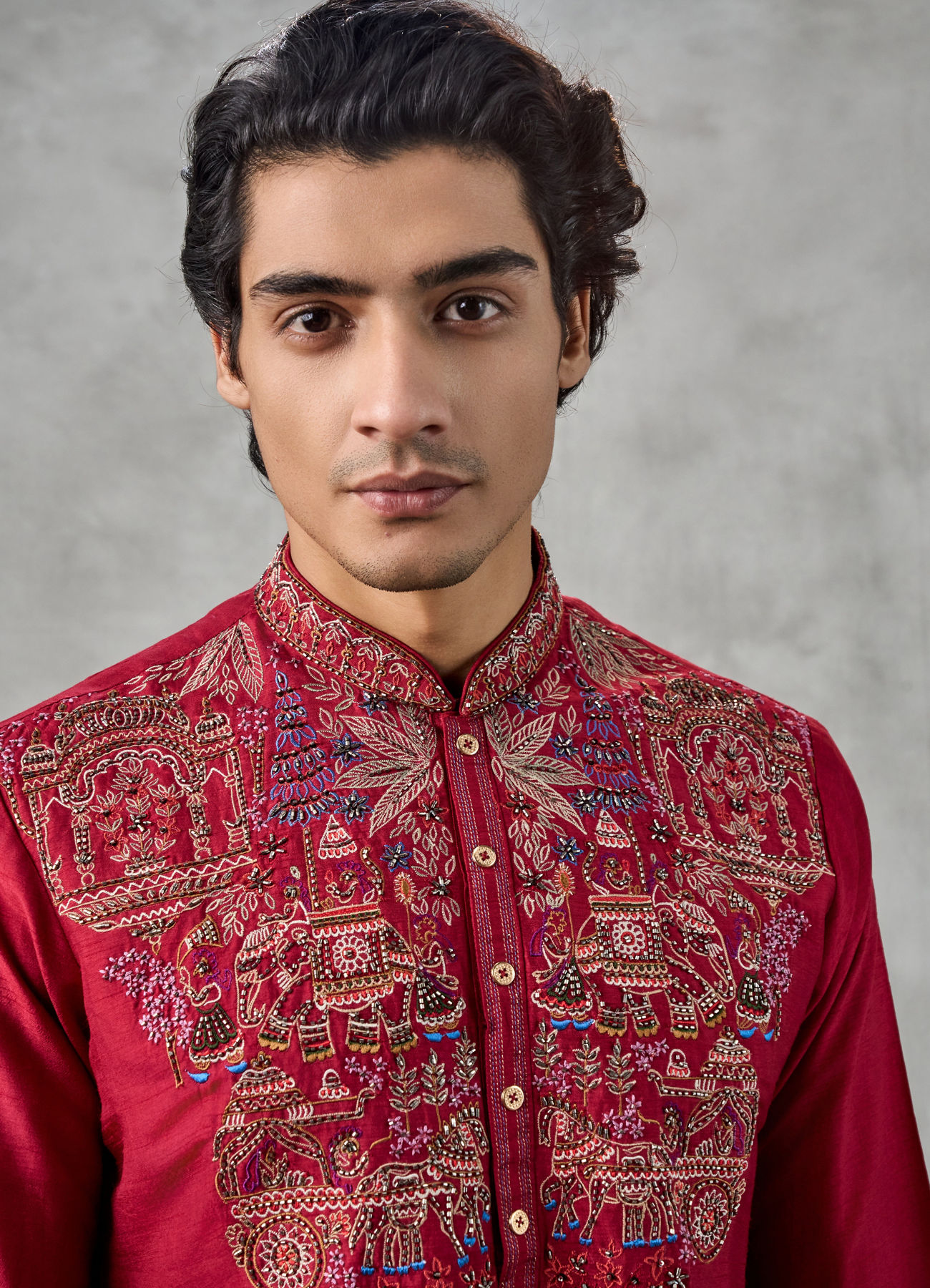 Twamev Men Red Dupion Silk Resham Embroidered Kurta Set