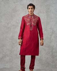 Twamev Men Red Dupion Silk Resham Embroidered Kurta Set