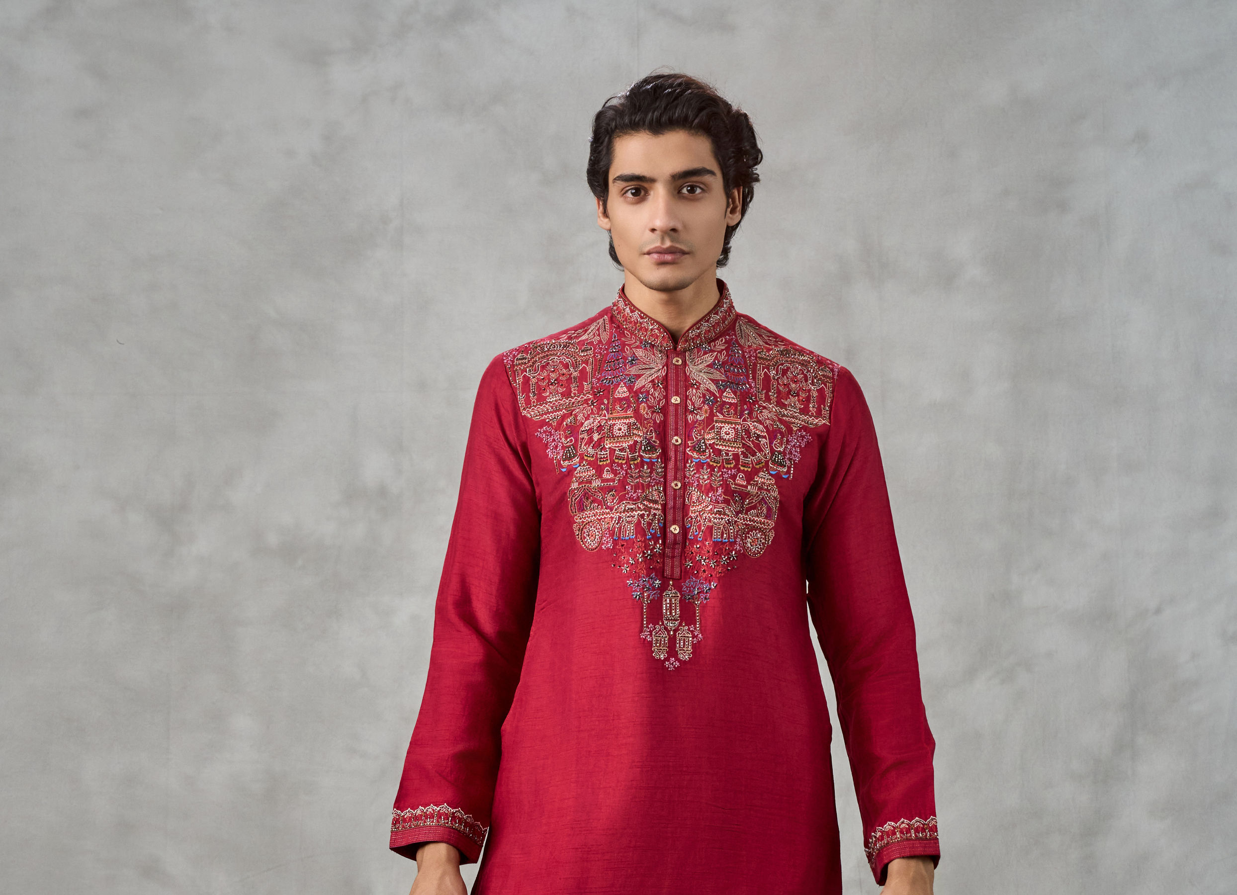 Twamev Men Red Dupion Silk Resham Embroidered Kurta Set