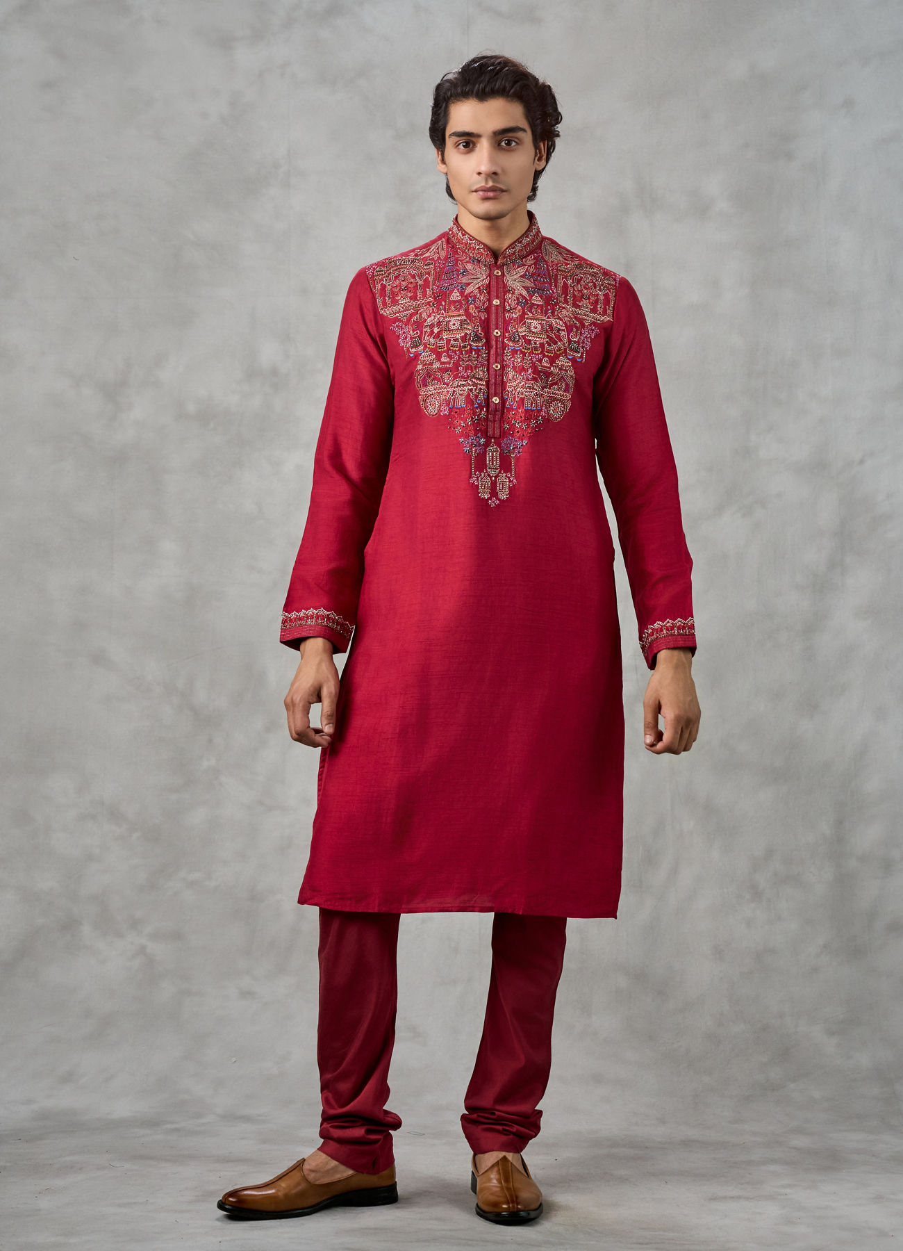 Twamev Men Red Dupion Silk Resham Embroidered Kurta Set