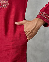 Twamev Men Red Dupion Silk Resham Embroidered Kurta Set
