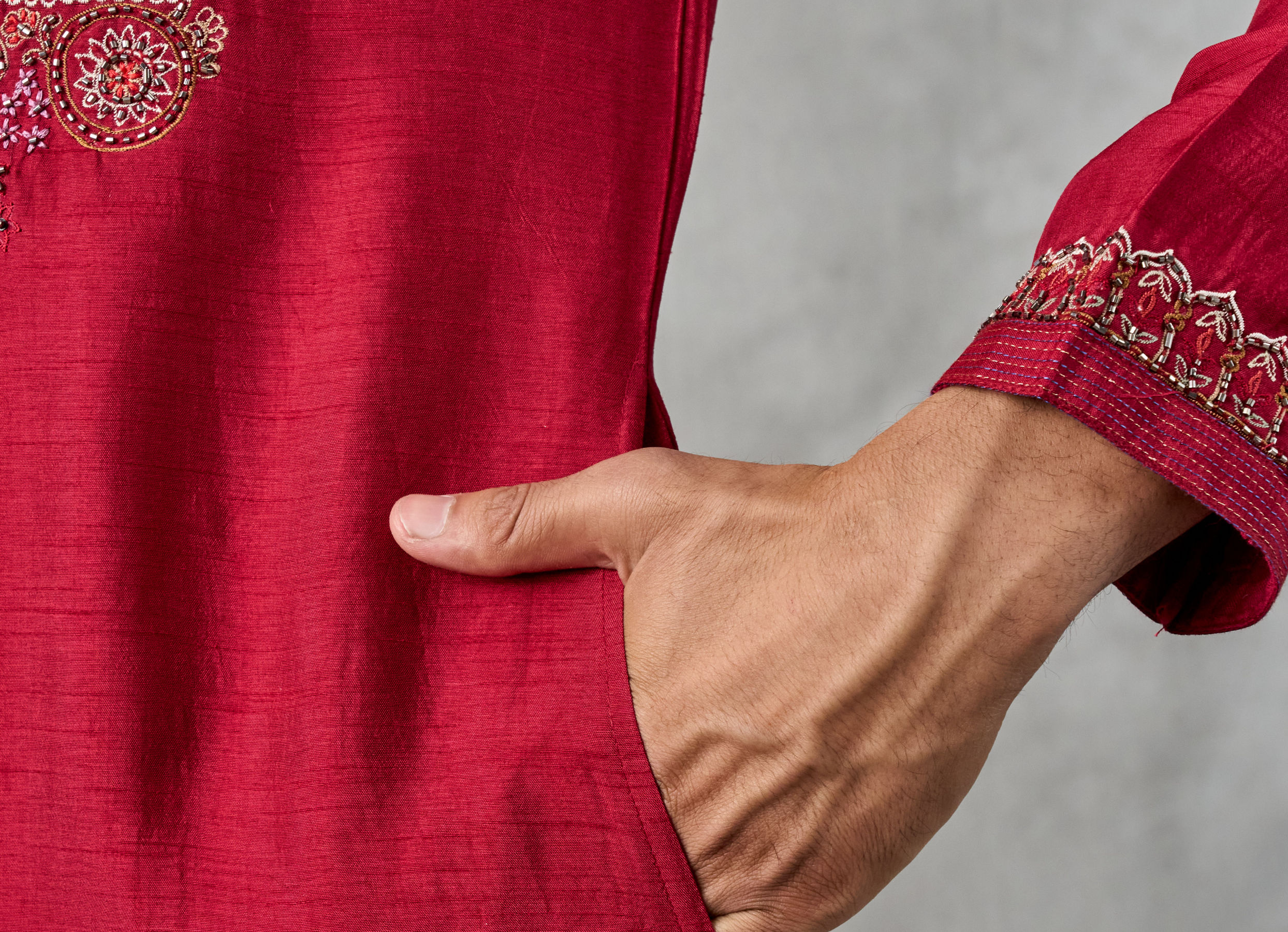 Twamev Men Red Dupion Silk Resham Embroidered Kurta Set