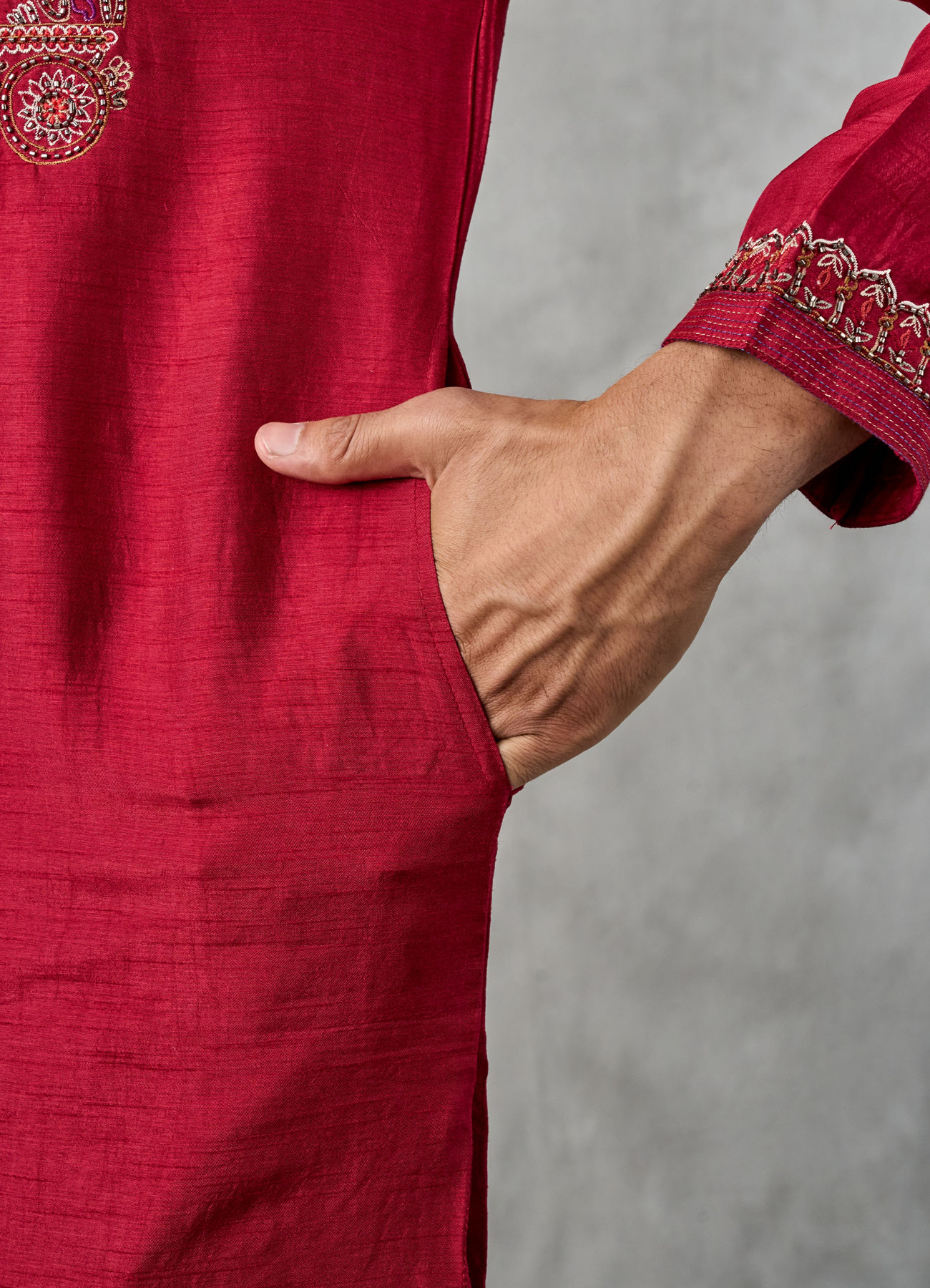 Twamev Men Red Dupion Silk Resham Embroidered Kurta Set