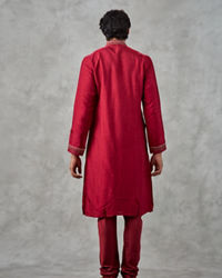 Twamev Men Red Dupion Silk Resham Embroidered Kurta Set