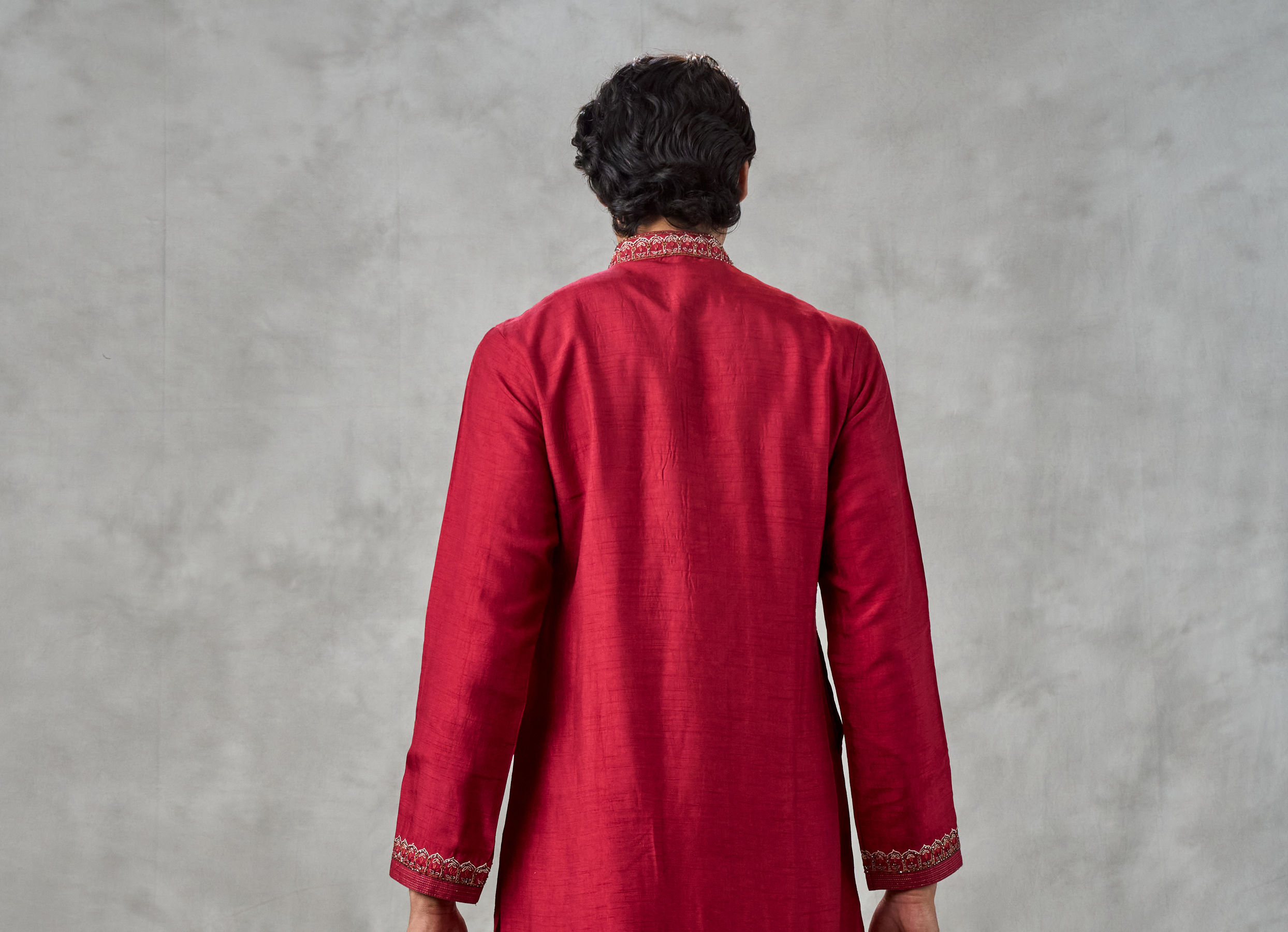 Twamev Men Red Dupion Silk Resham Embroidered Kurta Set