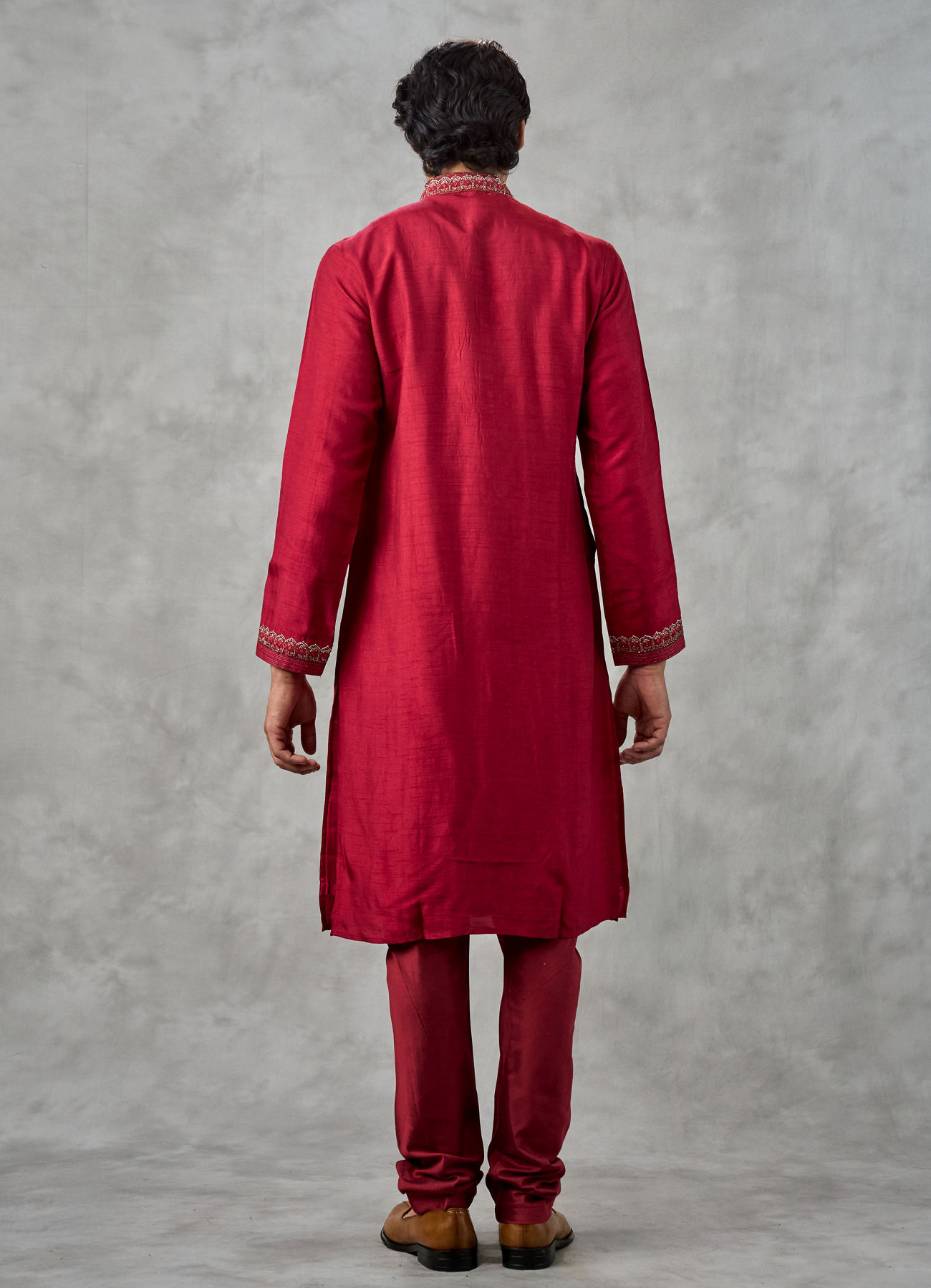 Twamev Men Red Dupion Silk Resham Embroidered Kurta Set