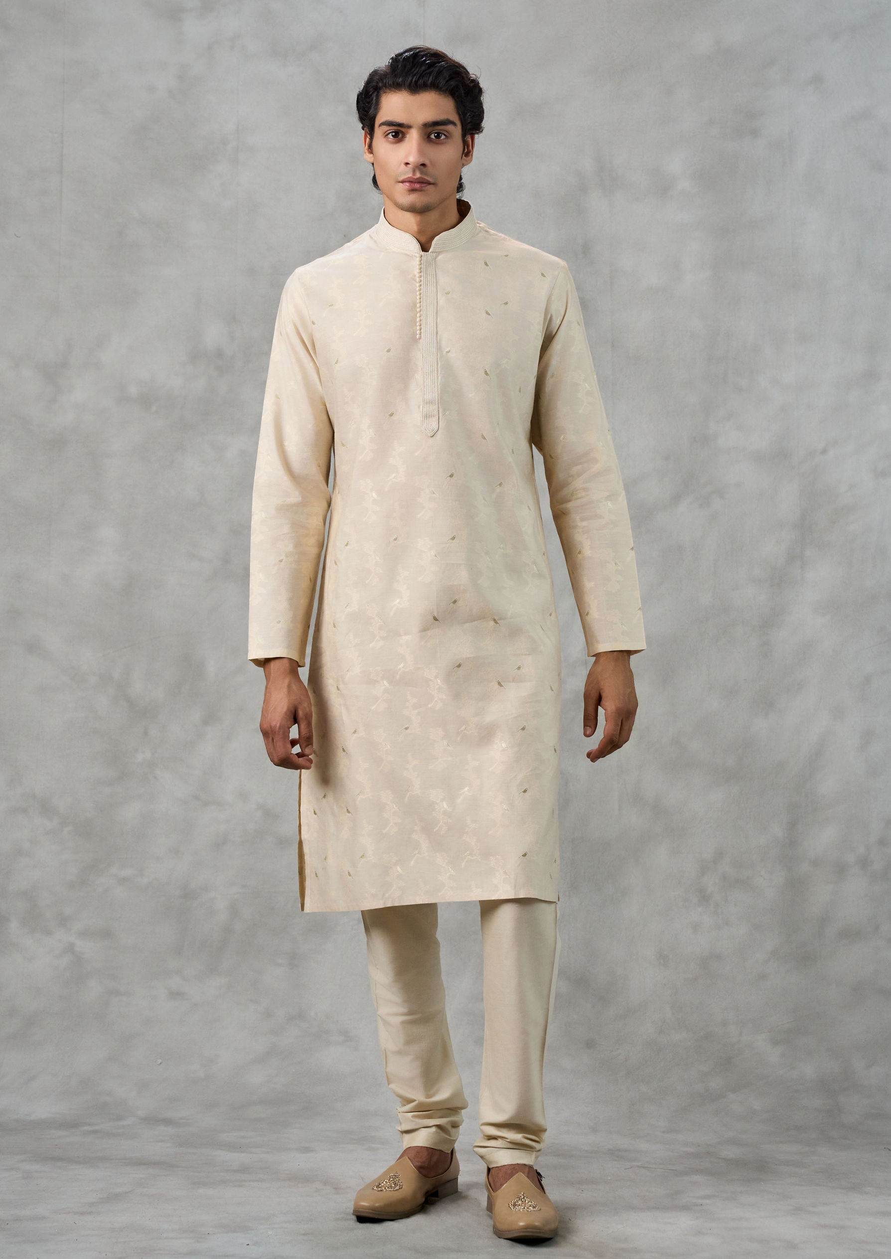 Twamev Men Beige Kurta Churidar Ensemble