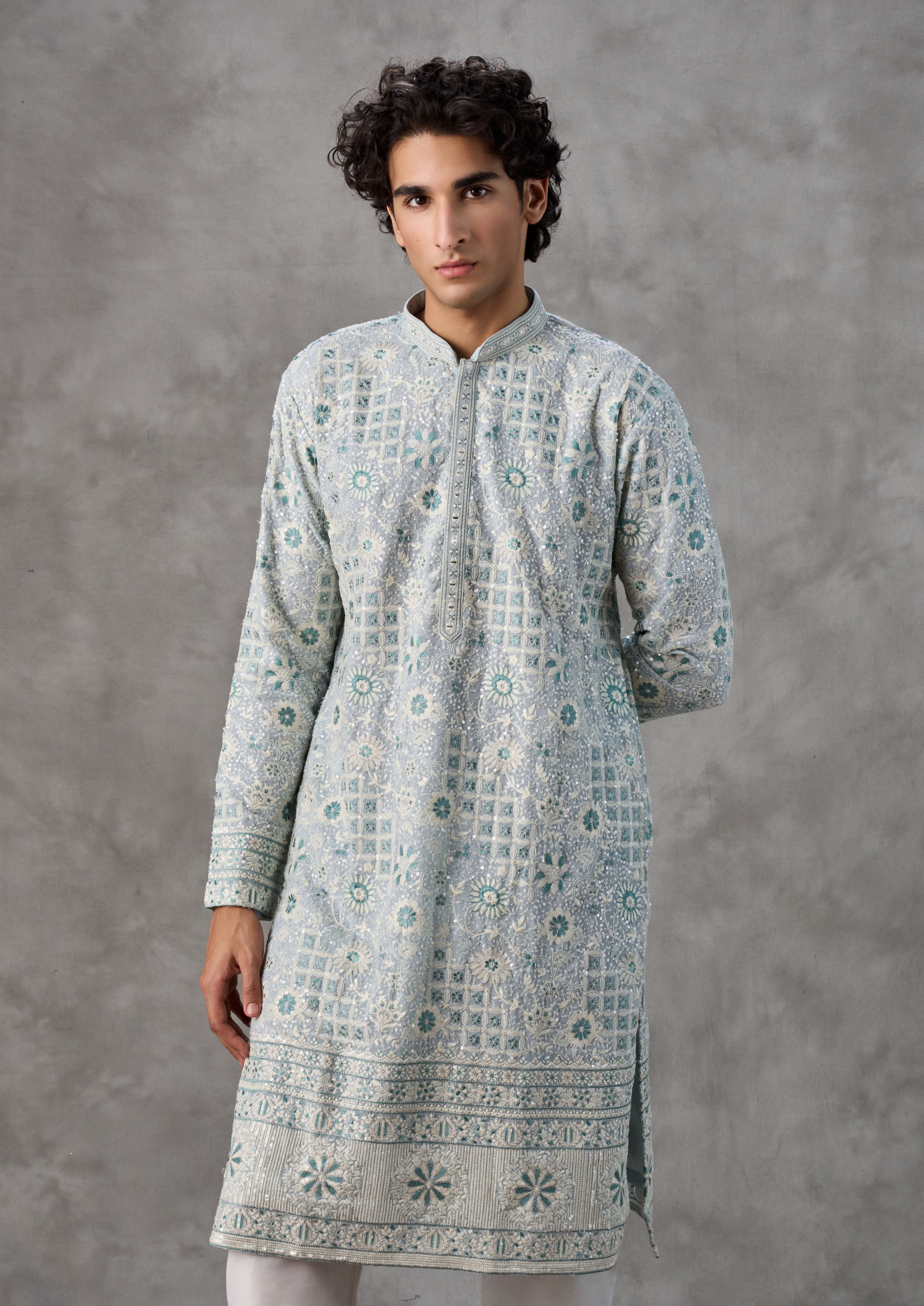 Twamev Men Light Blue Georgette Kurta Churidar