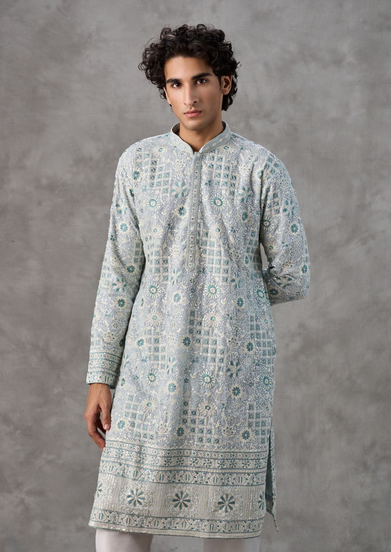 Twamev Men Light Blue Georgette Kurta Churidar