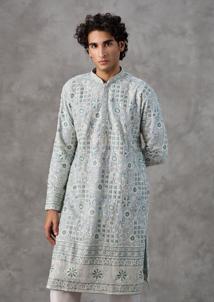 Twamev Men Light Blue Georgette Kurta Churidar