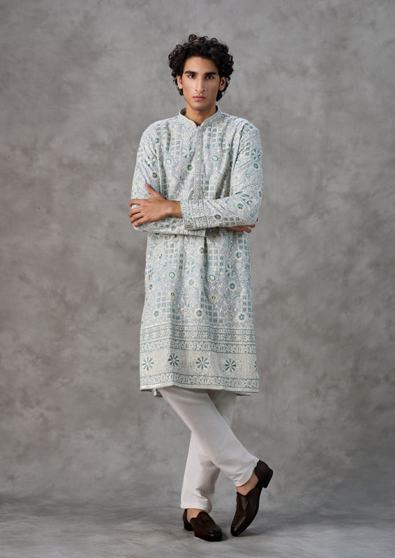 Twamev Men Light Blue Georgette Kurta Churidar