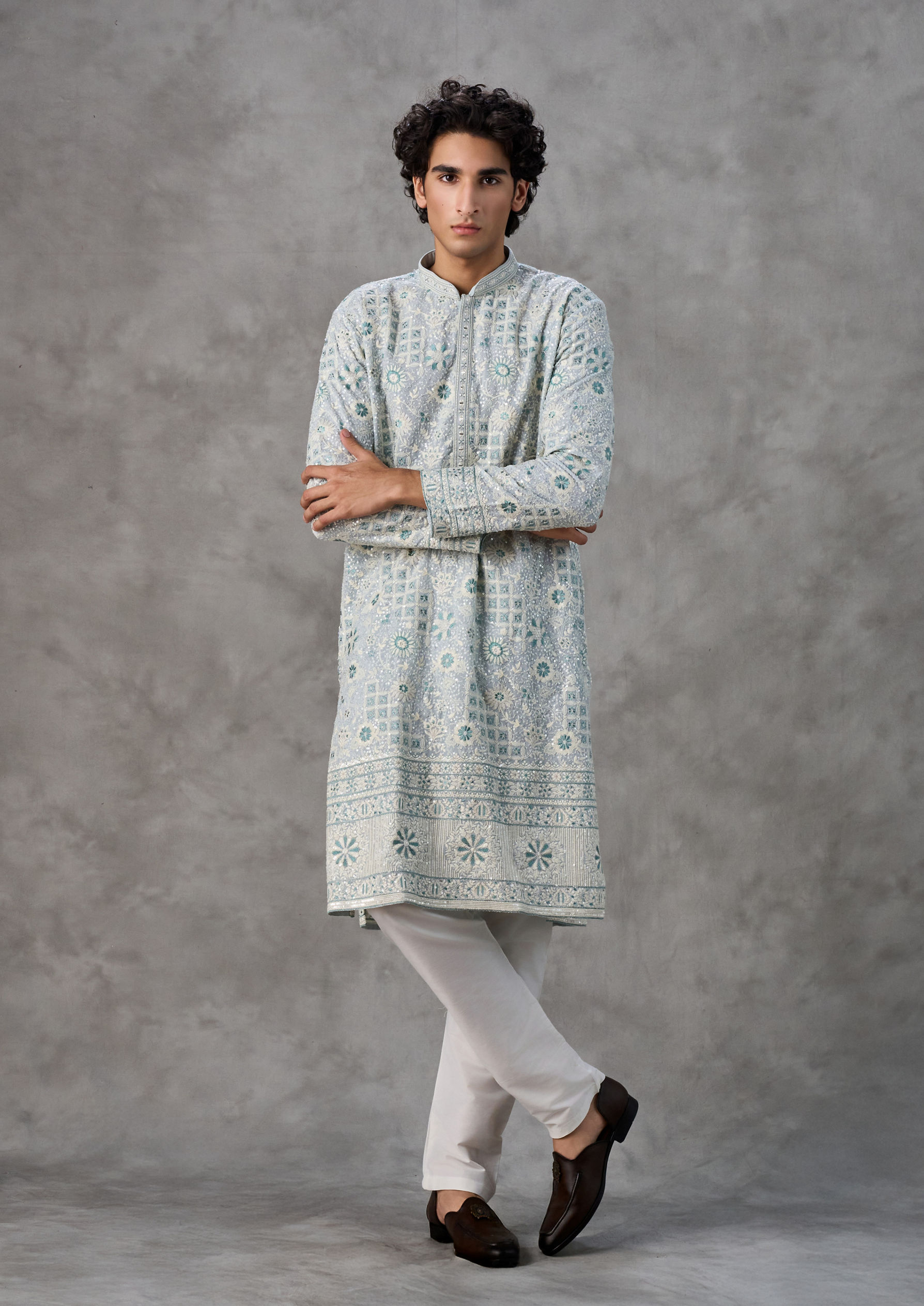 Twamev Men Light Blue Georgette Kurta Churidar