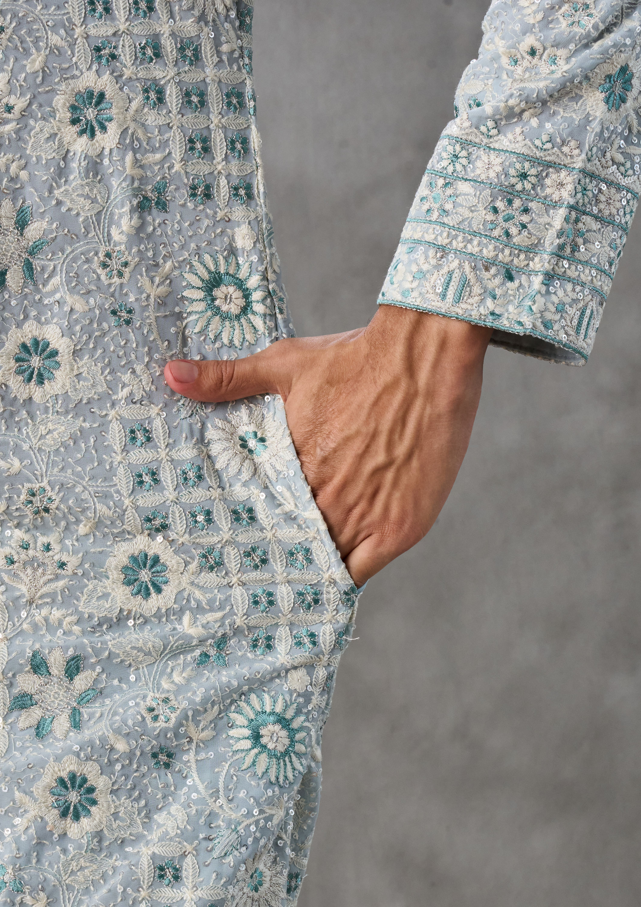 Twamev Men Light Blue Georgette Kurta Churidar