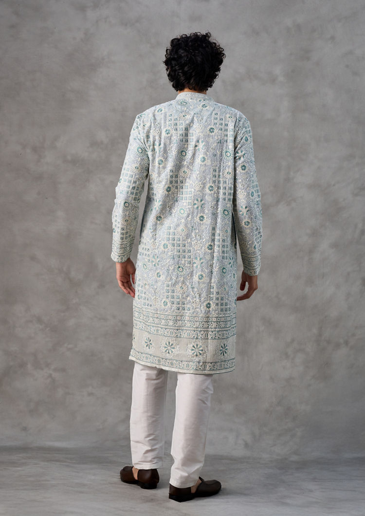 Twamev Men Light Blue Georgette Kurta Churidar
