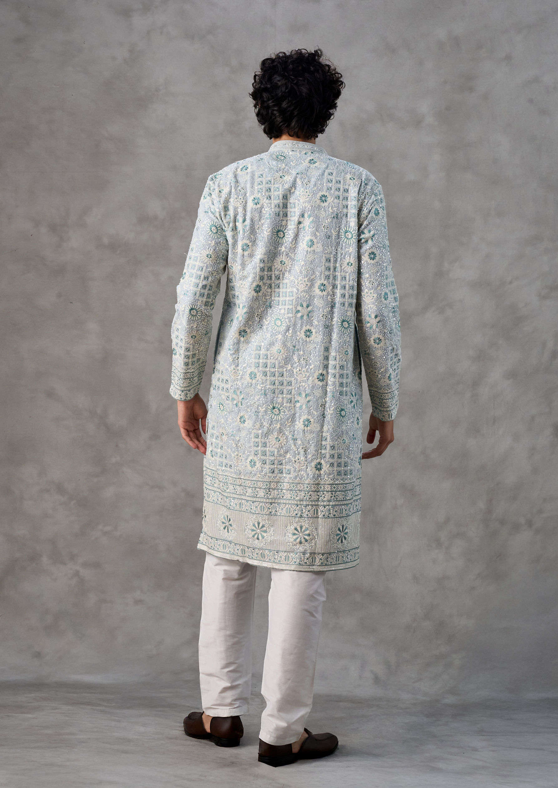 Twamev Men Light Blue Georgette Kurta Churidar