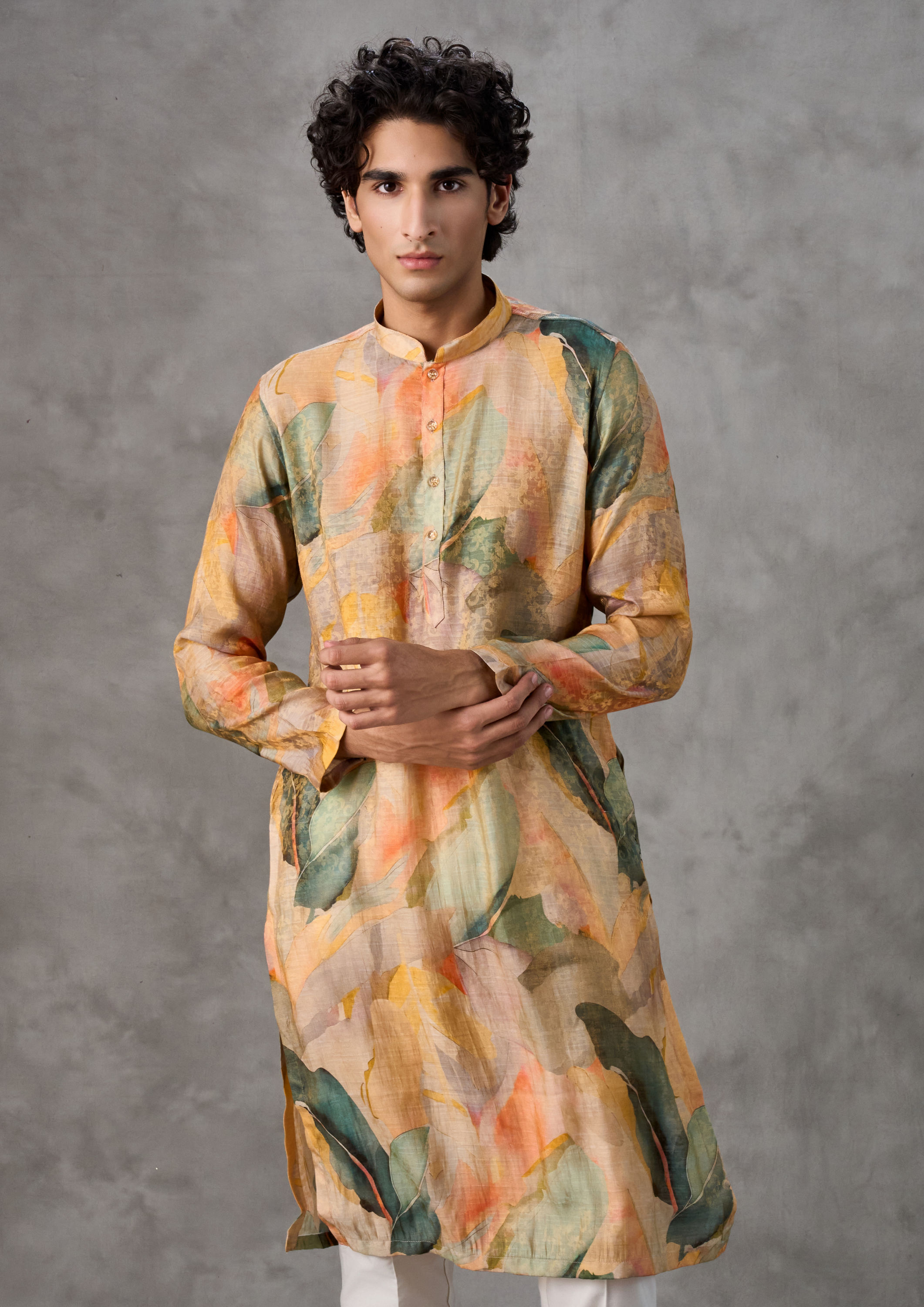 Twamev Men Mustard Pista Green Festive Kurta Churidar