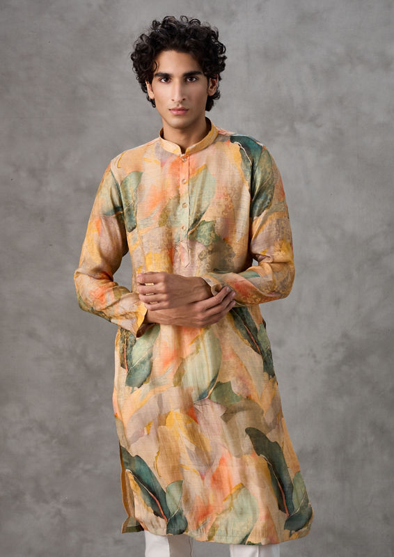 Twamev Men Mustard Pista Green Festive Kurta Churidar