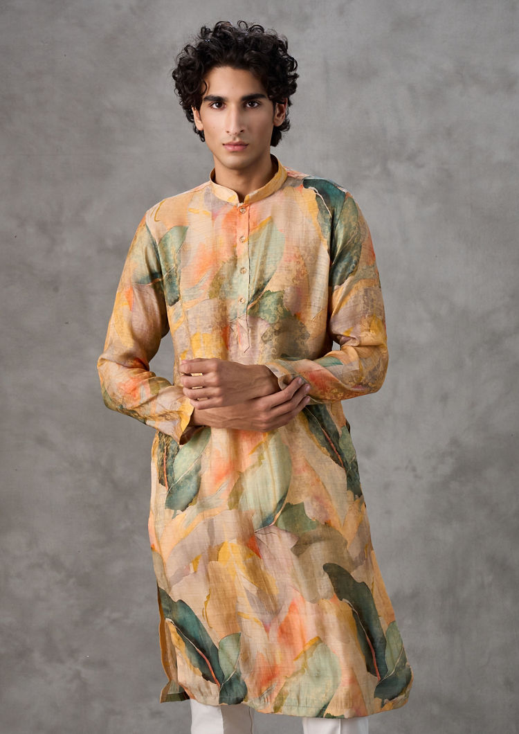 Twamev Men Mustard Pista Green Festive Kurta Churidar