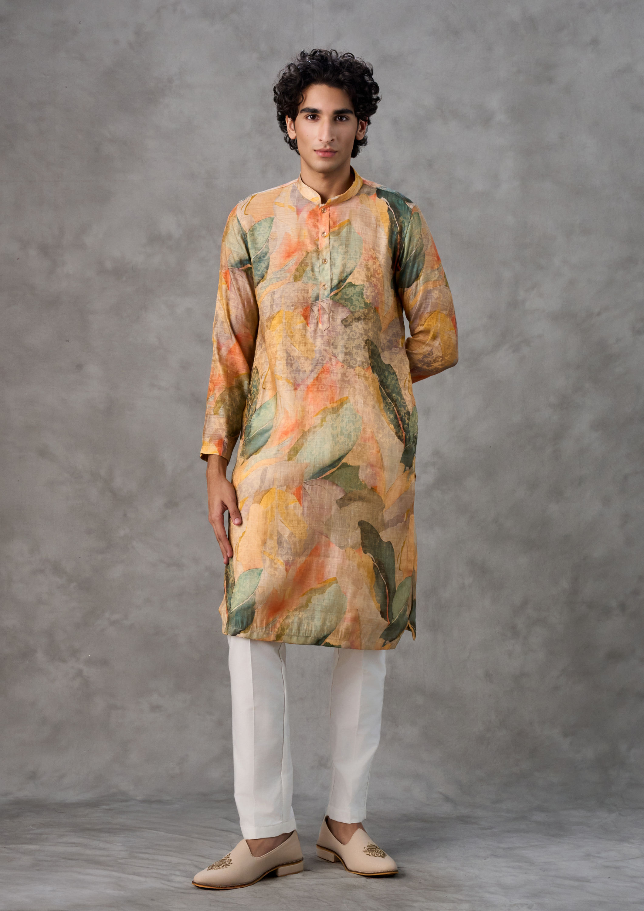 Twamev Men Mustard Pista Green Festive Kurta Churidar